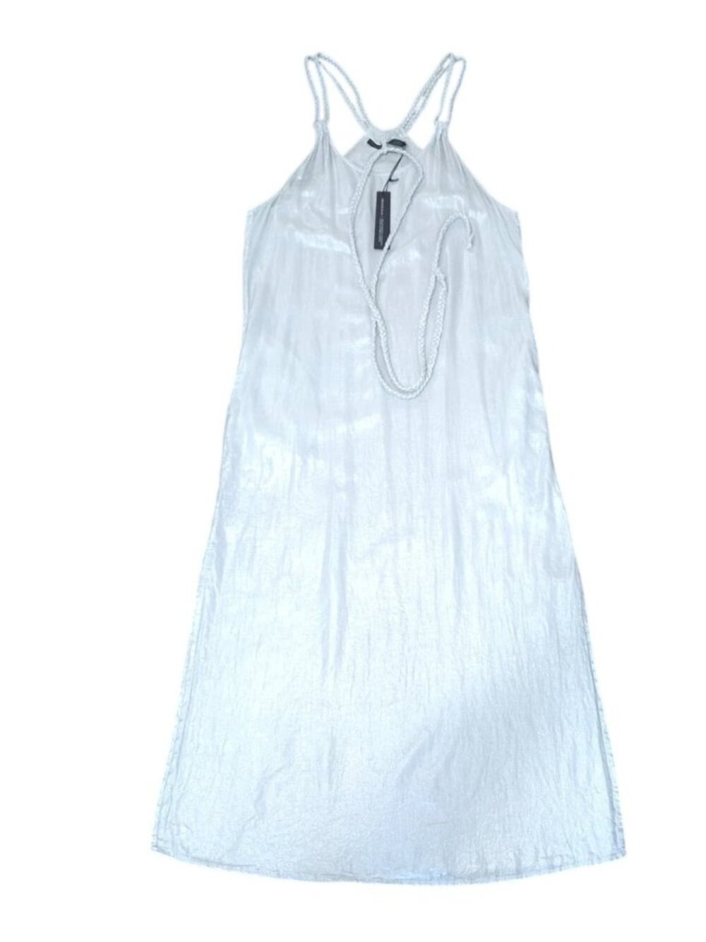 Linen Blend Midi Dress Braided Straps Shimmer Sleeveless Slip Dress, Metallic Wh